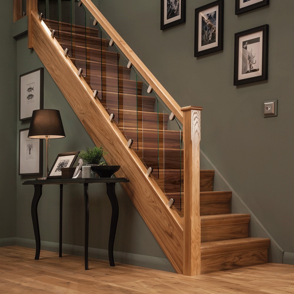 A glass and wooden modern staircase